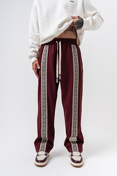 Respire Erkek Etnik Şerit Detaylı Kışlık Doubleface Baggy Eşofman Altı Bordo