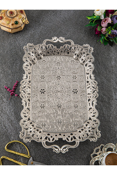 Genel Markalar Motif Desenli Gümüş Renk Dikdörtgen 4 Kişilik Tepsi