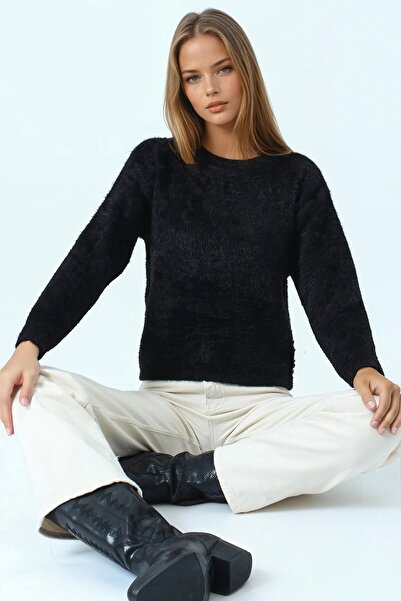 VAGGON Women's Black Crew Neck Tasseled Knitwear Sweater Vs01073