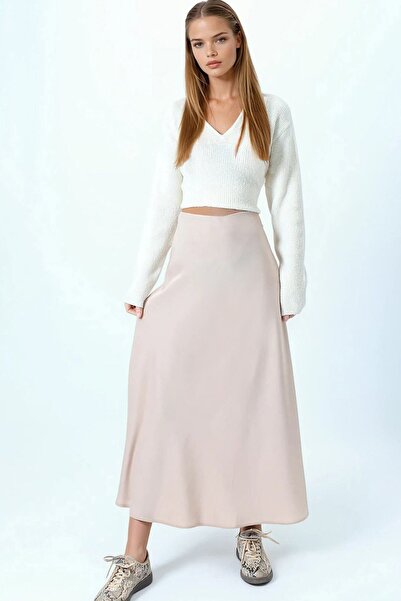 VAGGON Women's Beige High Waist Basic Satin Skirt Vs01031