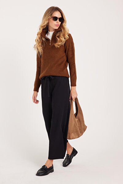 Tudors Kadın Relax Fit Rahat Kesim Lastikli Kuşak Bağlamalı Geniş Paça Siyah Pantolon