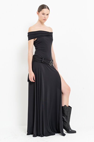Kikiriki Black Belt Detailed Boat Neck Long Dress
