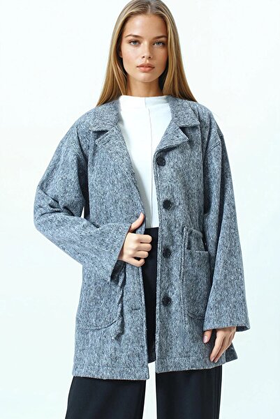 VAGGON Women's Gray Shirt Collar Pocket Detailed Drawstring Buttoned Cardigan Vs01067