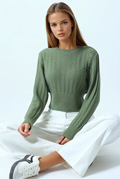 VAGGON Women's Green Patterned Crew Neck Long Sleeve Knitwear Sweater Vs01043