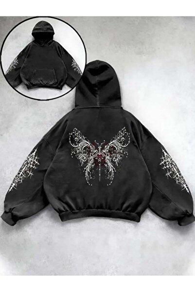 Toum dompuleri moda Yıkamalı Gothic Butterfly Baskılı Vintage Kapüşonlu Sweatshirt