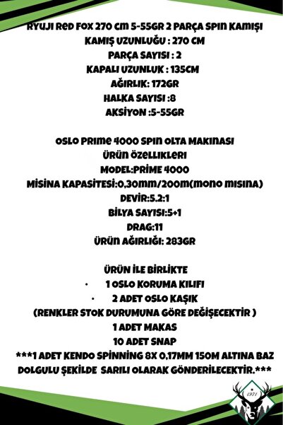RYUJI Red Fox 270cm 5-55gr Oslo Prime 4000 8 Örgü Spin Olta Seti