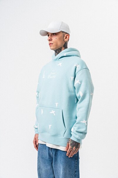 Respire Мъжка широка качулка с принт, далеч от базовия модел, бебешко синьо