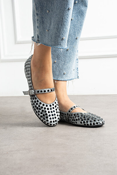 DUXAL SHOES Ruby Velvet Stone Detailed Ankle Strap Women's Ballerinas