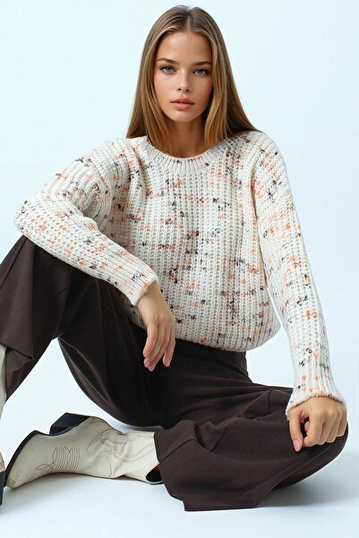 VAGGON Pulover de tricotat pentru femei, crem, cu decolteu rotund, cu model cu puncte colorate Vs01040