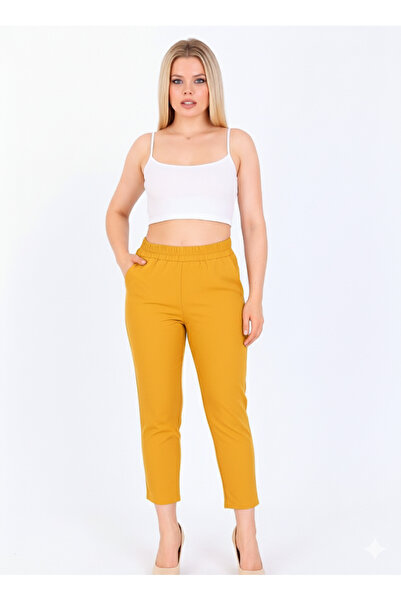 SheLoria بنطلون نسائي ضيق من نوع دابيل بلون الخردل مع جيبين وحزام مطاطي عند ا...