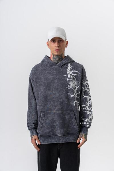 Respire Men's Far from Basic Printed Washable Hooded Oversize Hoodie Black