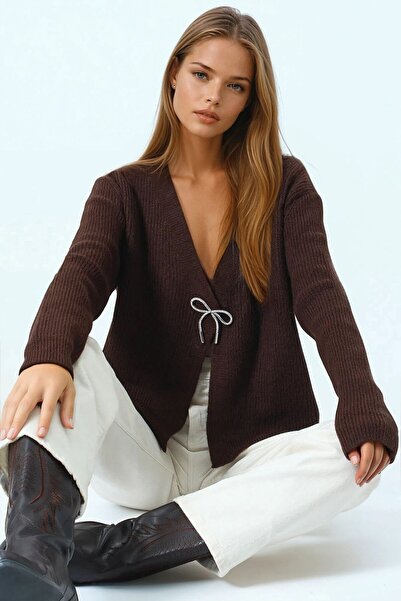 VAGGON Γυναικεία καφέ μπλούζα με μακρυμάνικο πλεκτό πλεκτό Vs01057