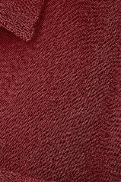 Tudors Kadın Oversize Geniş Kesim %100 Pamuk Müslin Kumaş Uzun Kollu Cepli Dokulu Bordo Gömlek