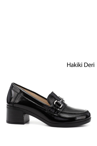 GÖNDERİ(R) Women/Girls Black Patent Leather Short Thick Heeled Genuine Leather Shoes