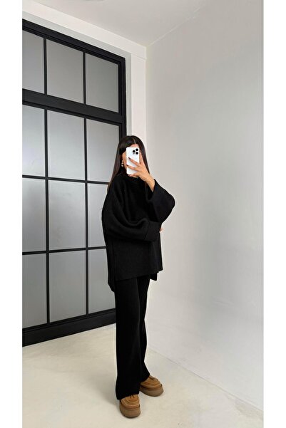 Gaus Black Double Sleeve Sweater Elastic Waist Pants Knitwear Set Gaus-00200