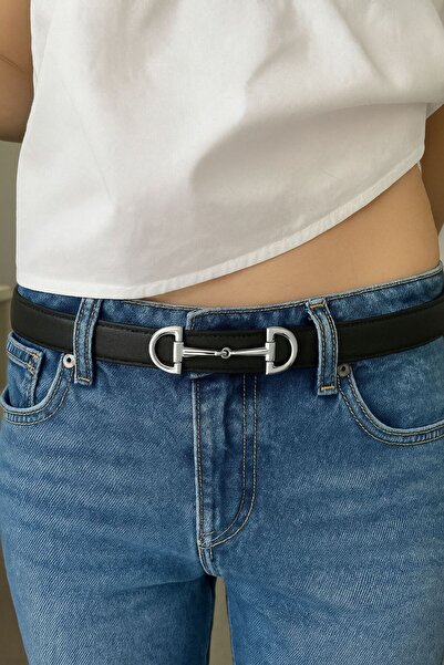 Çantacımstore Women's Thin Faux Leather Belt Black with D Silver Buckle