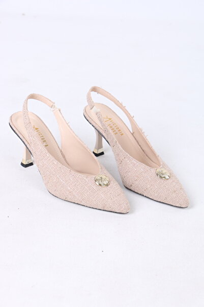 Victoria Altın Düğme Detaylı Slingback Topuklu Kadın Ayakkabı