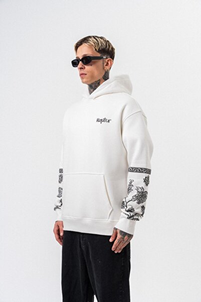 Respire Men's Raptor Printed Hooded Oversize Hoodie Ecru