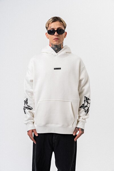 Respire Men's Astro Mode Printed Hooded Oversize Hoodie Ecru