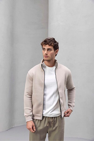 Valiberta Marcel Regular Fit Zippered Pocket Three-String Drawstring Men's Sweatshirt - Stone