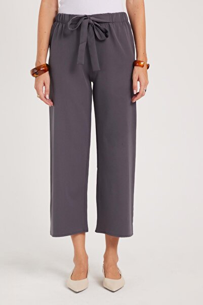 Tudors Women's Relax Fit Comfortable Cut Elastic Waist Tie Wide Leg Anthracite Trousers