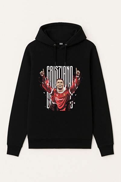 MODA Futbolcu Ronaldo Baskılı Erkek Çocuk Siyah Kapüşonlu Sweatshirt Hoodie