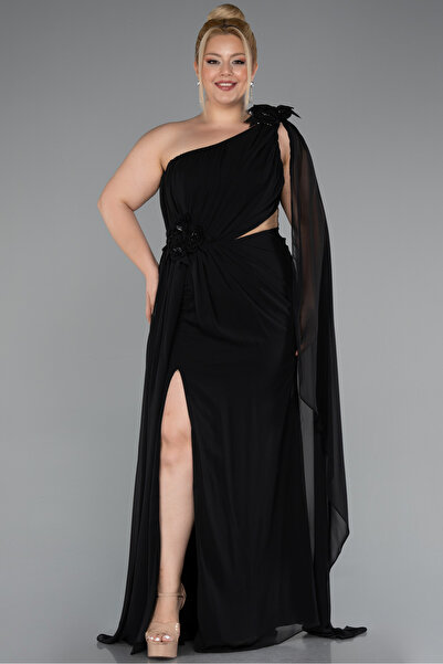 Abiyefon Siyah Tek Omuz Yırtmaçlı Uzun Şifon Büyük Beden Abiye ABU5145