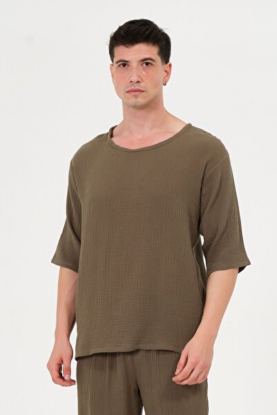 RELAXL 100% Cotton Crew Neck Oversize Khaki Muslin T-Shirt Home Wear