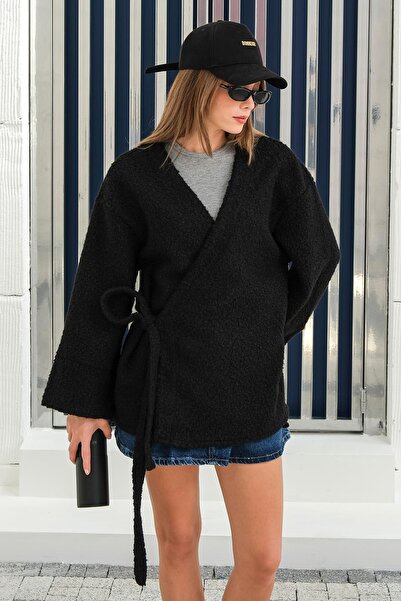 Olcay Front Tie Boucle Kimono Jacket Black 8265