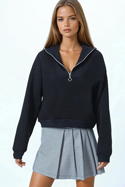 VAGGON Women's Black Polo Neck Half Zipper Sweatshirt Vs01033