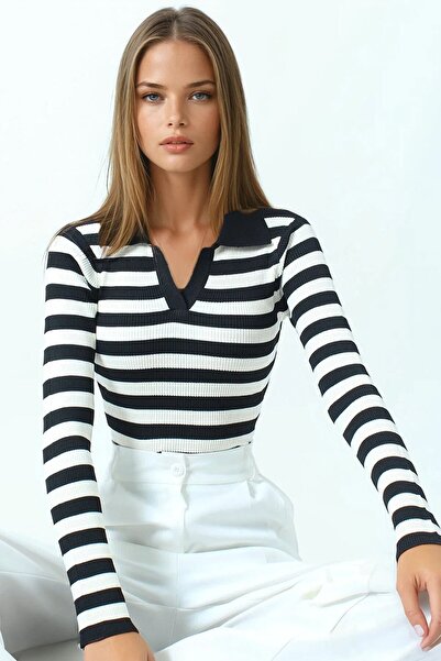 VAGGON Γυναικεία μαύρη ριγέ μπλούζα πόλο με μακρυμάνικο πλεκτό πλεκτό Vs01048