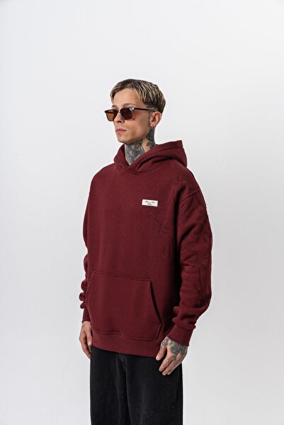 Respire Ανδρικό μπλουζάκι με κουκούλα με κέντημα σε σειρά Minimalism, Oversize Hoodie Claret Red
