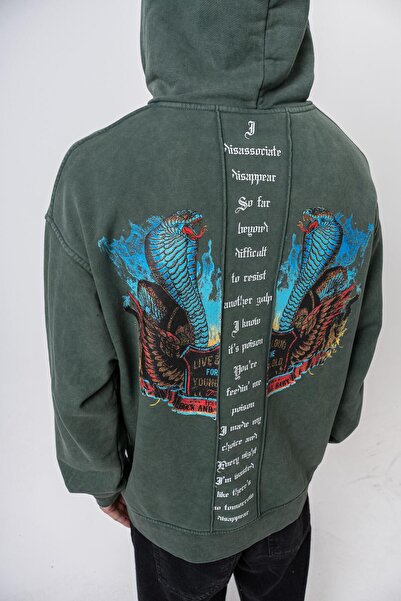 Respire Ανδρικό φούτερ με κουκούλα με στάμπα με σχέδιο φιδιού, πλενόμενο, oversize, πράσινο