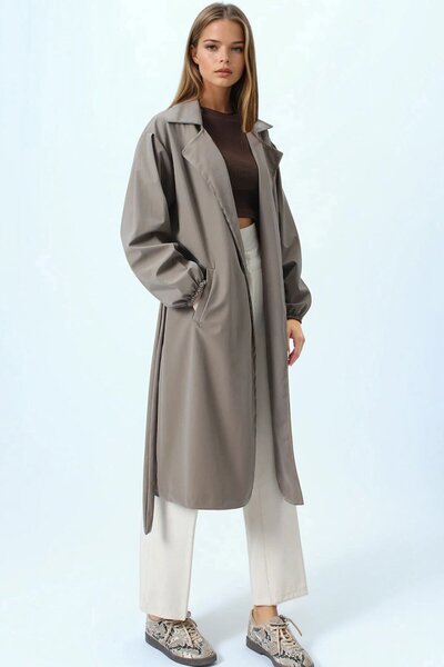 VAGGON Double-Breasted Collar Trench Coat with Tie and Elasticated Sleeves