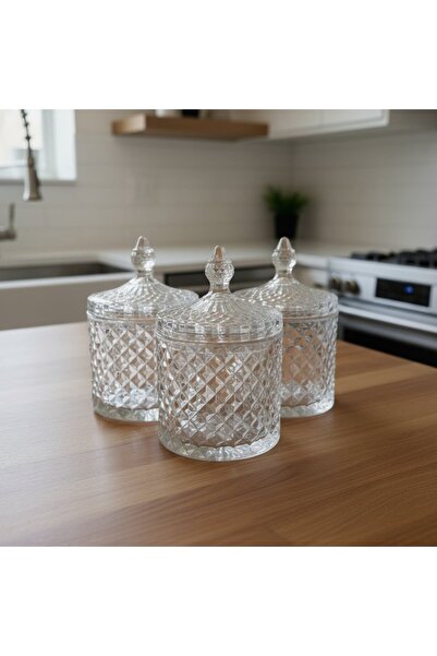 FAIR HOME 3-Piece Crystal Pattern Large Glass Jar with Lid – 1200 Ml.