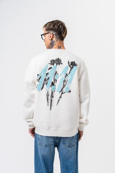 Respire Men's 11.11 Printed Crew Neck Oversize Sweatshirt Ecru