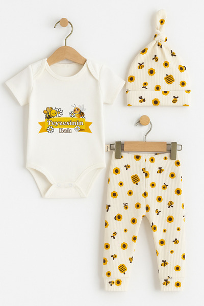 BABYDEN'S Auntie's Honey 3-Piece Baby Set Floral and Bee Patterned Short Sleeve Bodysuit, Booties Bottom, Hat Unisex