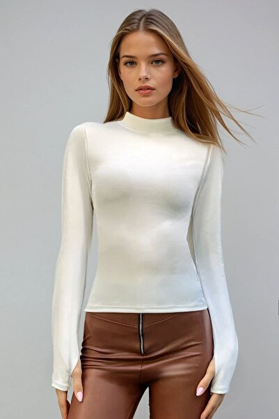 VAGGON Kadın Beyaz Uzun Kollu Dik Yaka Basic Bluz Vs00987