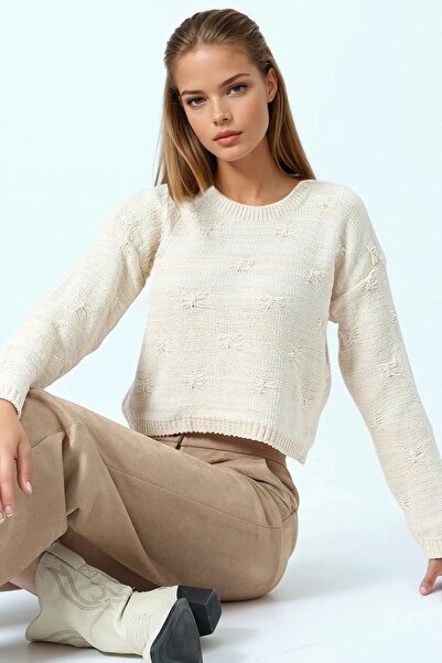 VAGGON Women's Beige Embossed Patterned Crew Neck Long Sleeve Knitwear Sweater Vs01051