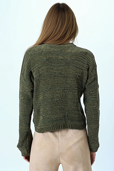 VAGGON Women's Khaki Embossed Patterned Crew Neck Long Sleeve Knit Sweater Vs01051