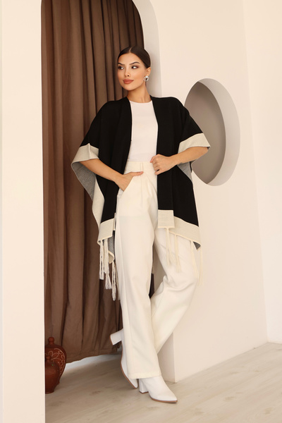 ALCHON U Shawl Collar Sleeveless Jacquard Paneled Trimmed Edges Fringed Skirt Standard Length Seasonal Knitwear Shawl