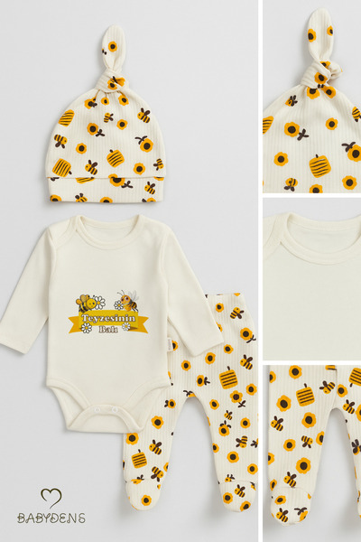 BABYDEN'S Auntie's Honey 3-Piece Baby Set Floral and Bee Patterned Long Sleeve Bodysuit with Hat and Booties Bottom Unisex