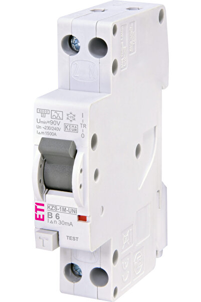 Eti RCBO, 1 modul, 1P+N, 6A, 30mA, 6kA, curba B, tip A, KZS-1M-UNI, 002176021,