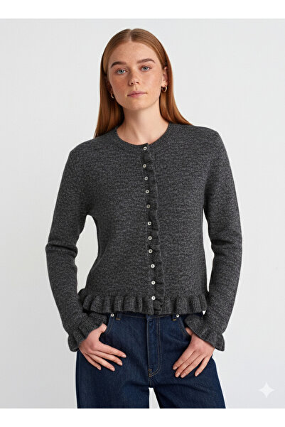 Dilvin 60934 Crew Neck Ruffle Detailed Buttoned Knitwear Cardigan-Smoked Melange