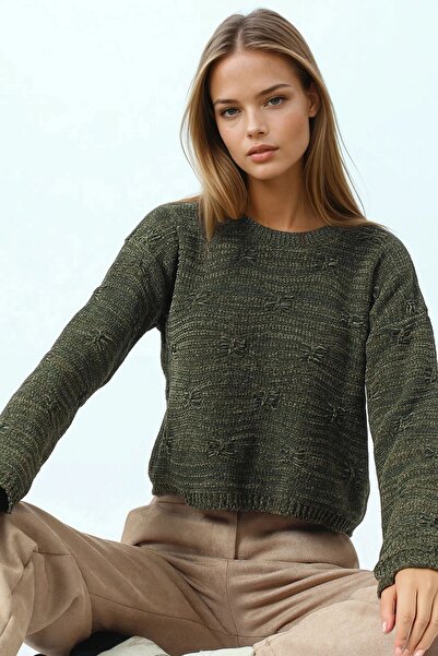 VAGGON Women's Khaki Embossed Patterned Crew Neck Long Sleeve Knit Sweater Vs01051