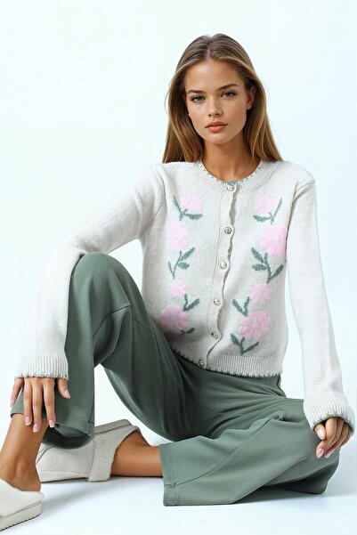 VAGGON Women's Pink Floral Patterned Buttoned Knitwear Cardigan Vs01047