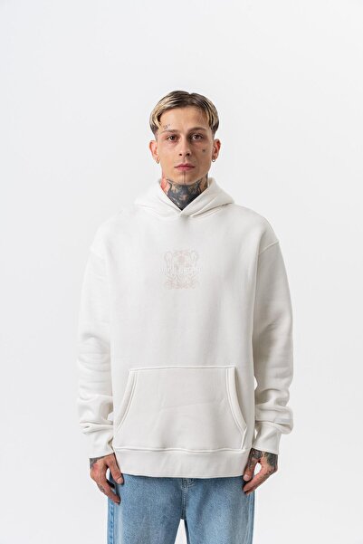 Respire Men's Garden Printed Hooded Oversize Hoodie Ecru