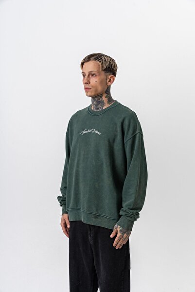 Respire Ανδρικό φούτερ με στάμπα, πλενόμενο, με λαιμόκοψη, oversize, πράσινο