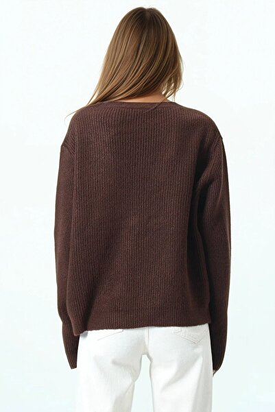 VAGGON Γυναικεία καφέ μπλούζα με μακρυμάνικο πλεκτό πλεκτό Vs01057