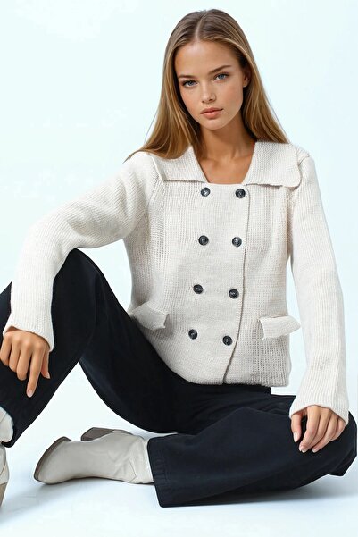 VAGGON Women's Stone Buttoned Pocket Detailed Knitwear Cardigan Vs01062